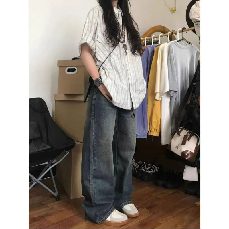 XEJ Chiffon Blouse for Women Japanese Retro Striped Short Sleeved Shirt for Women in Summer 2024 Short Sleeve Shirt Tops Y2k