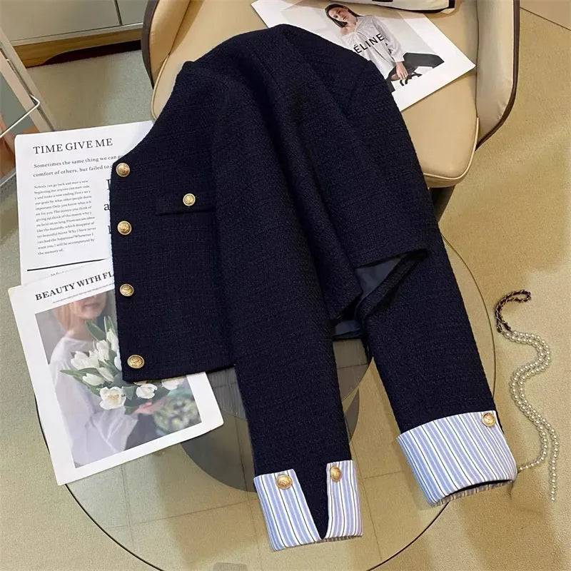 Autumn Winter Ladies Long Sleeves Suit Jacket French Women Round Neck Tops Female Fashion Leisure Splicing Together Blazer Coat