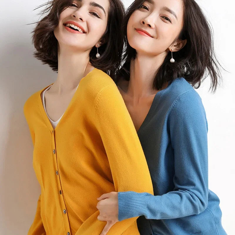 2025 Women Cardigans Long Sleeve Knitted Outerwear Solid Thin Spring Autumn Sweaters V-neck Knitwears Korean Fashion Cardigans