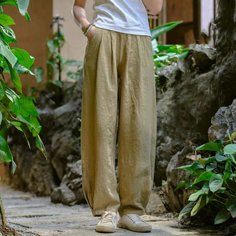Johnature Women Vintage Solid Color Long Pants Linen Elastic Wasit 2025 Spring New Trouser Pockets Loose Women Straight Pants