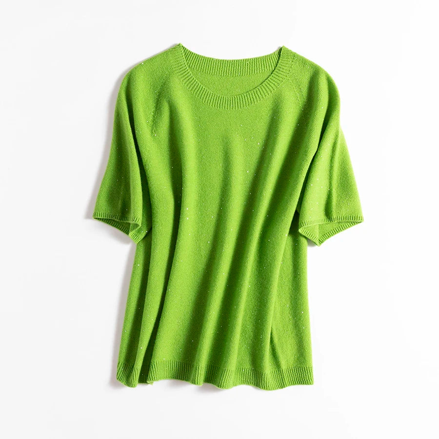 SuyaDream, 100%Merino Wool Pullovers for Woman, Round Neck, Short Sleeved Sweaters, 2025 Fall Winter Soft Warm Top, Pink, Olive