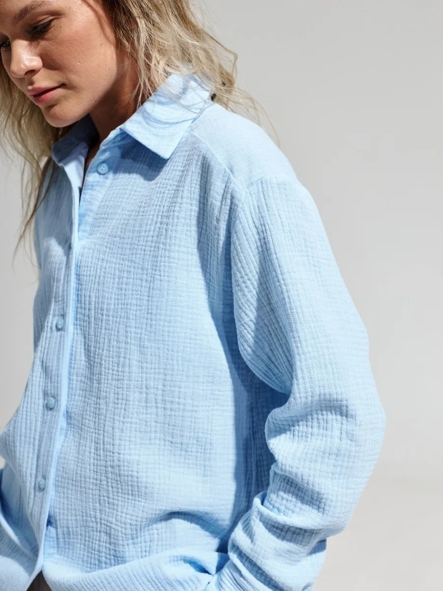 Bornladies 2025 Women's Spring Summer 100% Cotton Shirts Office Lady  Fashionable Solid Lady Long Sleeve Loose Tops Crepe Shirts
