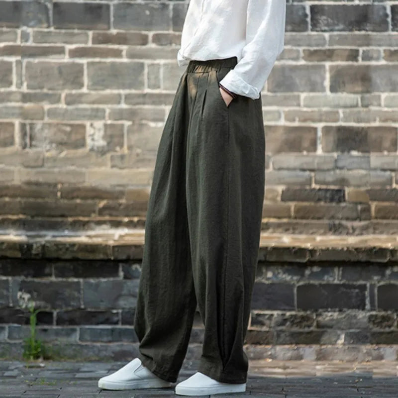 Johnature Women Vintage Solid Color Long Pants Linen Elastic Wasit 2025 Spring New Trouser Pockets Loose Women Straight Pants