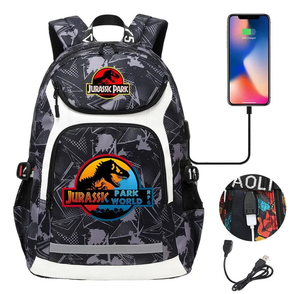 Jurassic World Park Dinosaur Girls Boys Kids School Book Bags USB Teenagers Schoolbags Women Men Laptop Travel Backpack