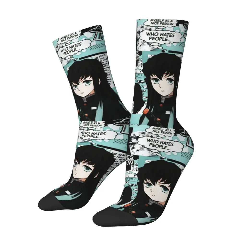 Custom Giyuu Tomioka Demon Slayer Men Women Crew Socks Unisex Kawaii Kimetsu No Yaiba Spring Summer Autumn Winter Dress Socks