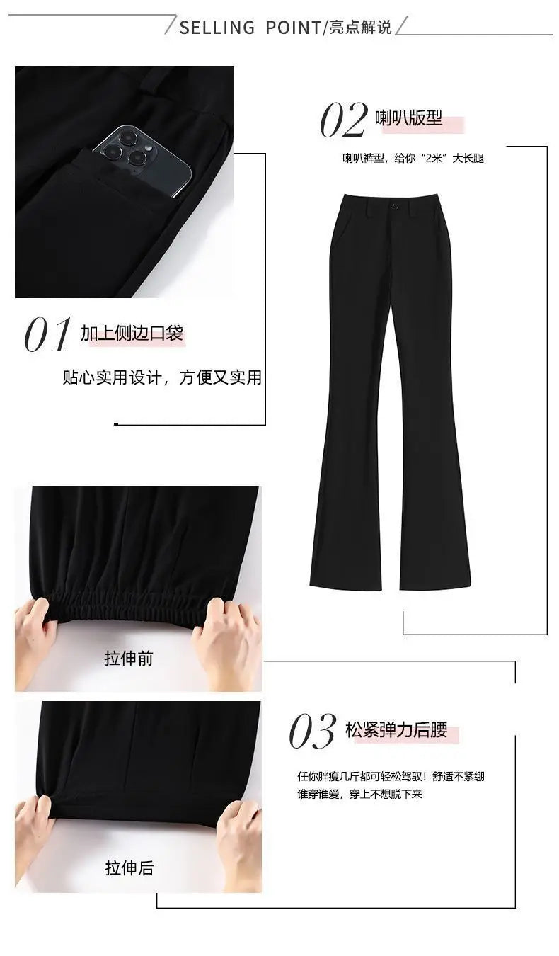 Women's High-Waisted Flared Pants Slim Fit Formal Trousers with Button Closure
