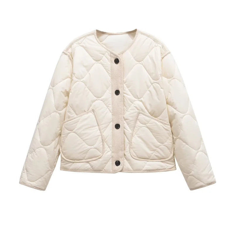 ETJ 2025  Spring new women's vintage crewneck quilted cotton-padded loose version of quilted casual jacket