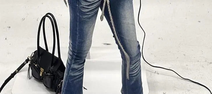 Women's Low Flare Jeans Cyber Punk Abi Y2k Japanese Skinny Bootcut Harajuku Goblin Core Long Trousers Denim Pants Bell Bottom