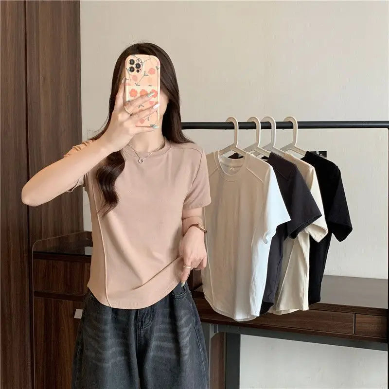 Solid color round-neck short-sleeved slim T-shirt for women 2026 summer and Europe new