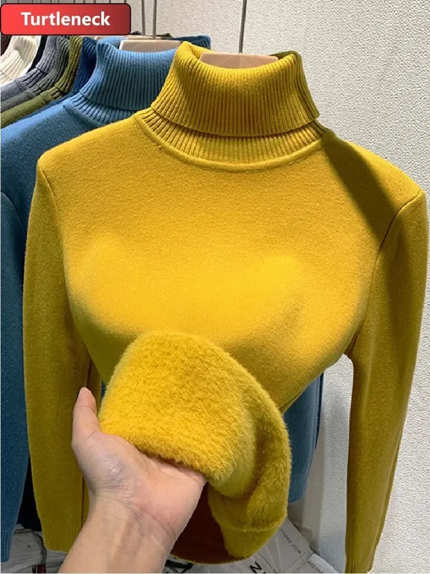 Winter Warm Sweater Pullover Women Slim Thicken Plush Velvet Lined Knitwear Jumper Korean Half Turtleneck Poleras Soft Knit Tops