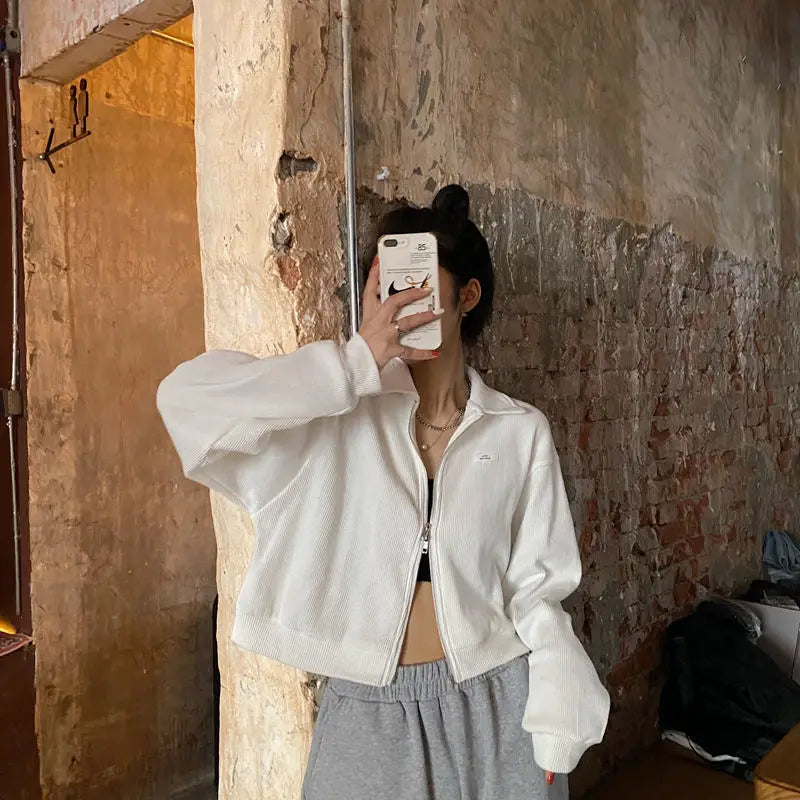 Sweatshirts Woman All-match Solid Zipper Trendy Korean Style Harajuku Ins Retro Autumn Casual Office Ladies Daily New Arrival