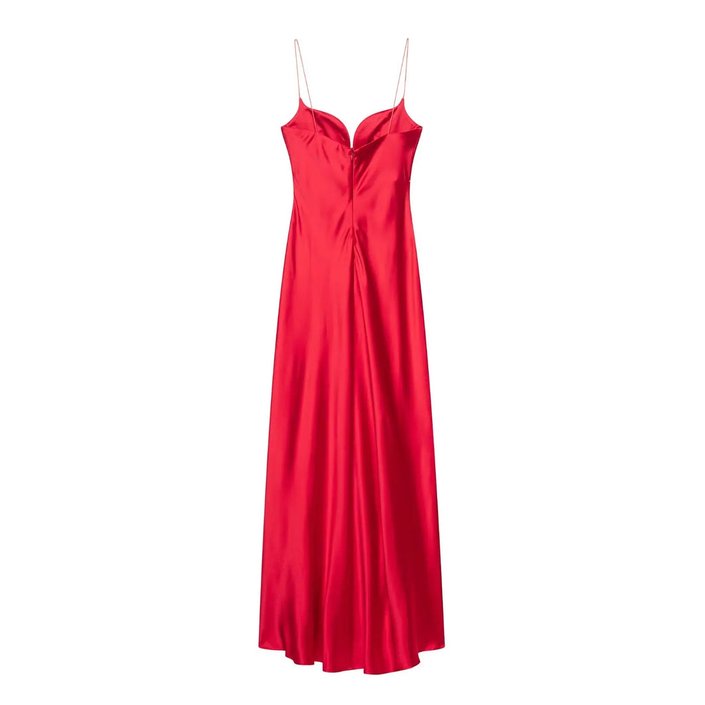 HH 2025 Women Red V-Neck Holiday Style Satin Texture Long Dress Sleeveless Summer Women's Back Zipper Fashion Sling Dresses