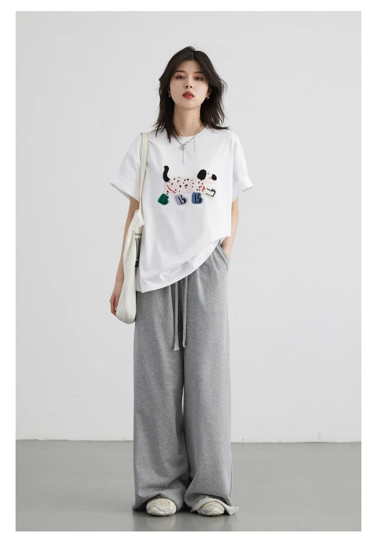 CHIC VEN Women T-Shirts Loose Streetwear Unisex Fun Dog Embroidered Short Sleeve Cotton Girl Tees Female Top Summer 2025
