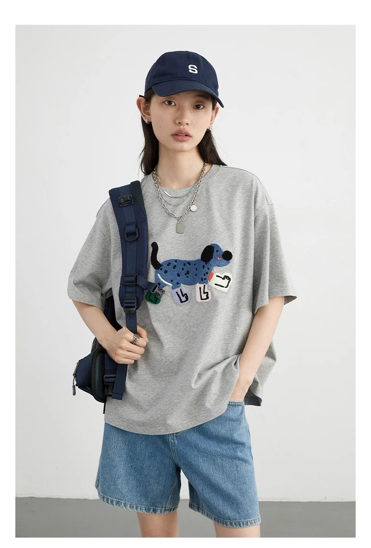 CHIC VEN Women T-Shirts Loose Streetwear Unisex Fun Dog Embroidered Short Sleeve Cotton Girl Tees Female Top Summer 2025