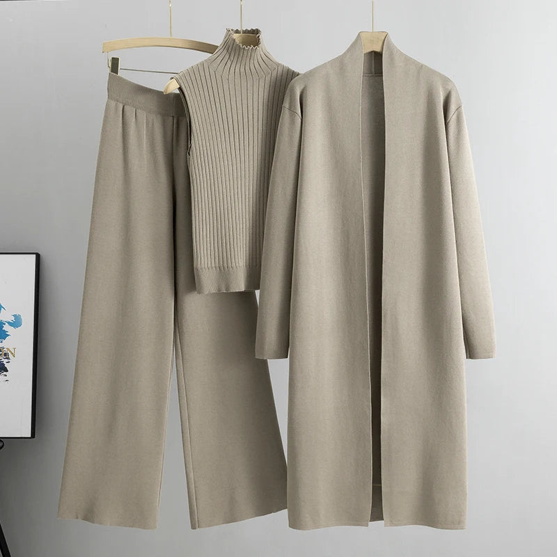 2026 Winter And Autumn Fashionable Elegant Women's Knitted 3-Piece Set cardigan Women's Sweater Women's Wide Leg Pants
