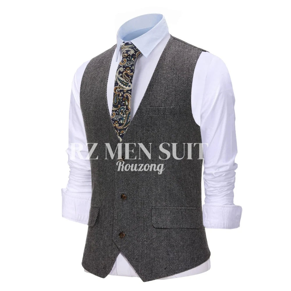 Men's Herringbone Tweed Wool Suit Vest Single Breasted Slim Fit Waistcoat Vest chaleco para hombre