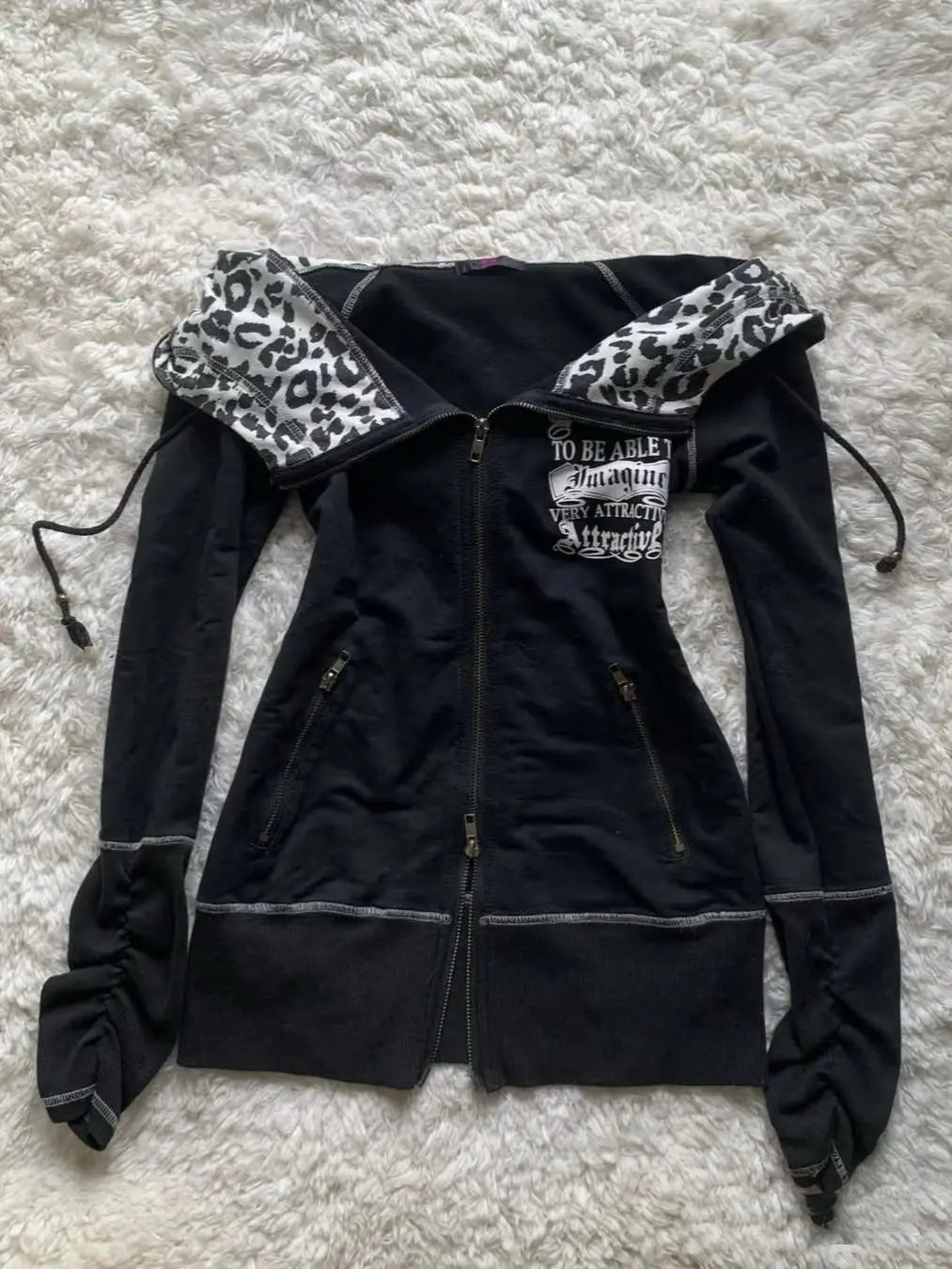 Slim Fit Spicy Girl Vintage Versatile Leopard Printed Black Sweatshirts Gothic Harajuku Autumn/winter Cardigans Kawaii Clothes