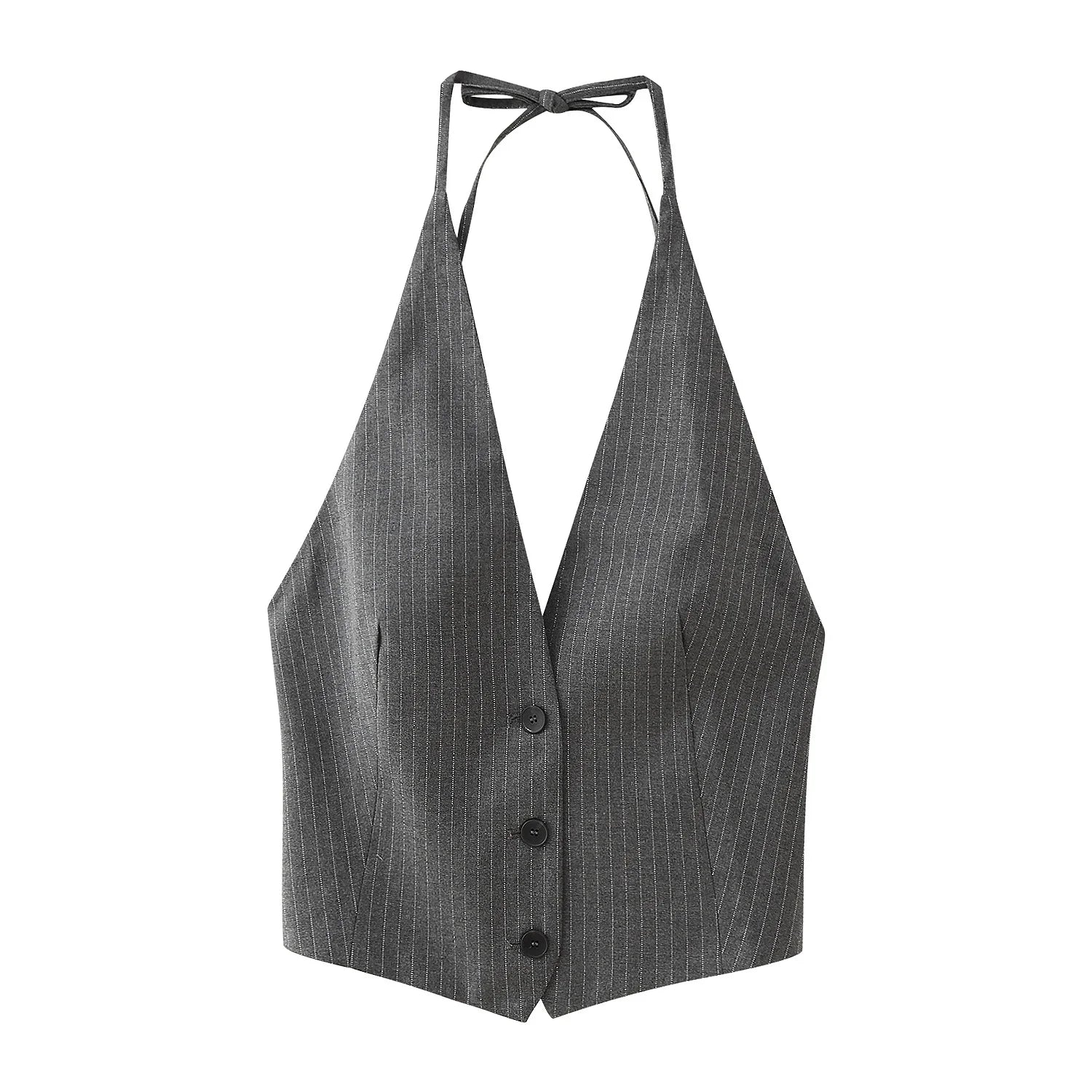 2025 Summer Women’s Adjustable Bow Back Vest | Striped Suit Waistcoat for Office Casual Daily - Deep V Neck Grey Street Chic