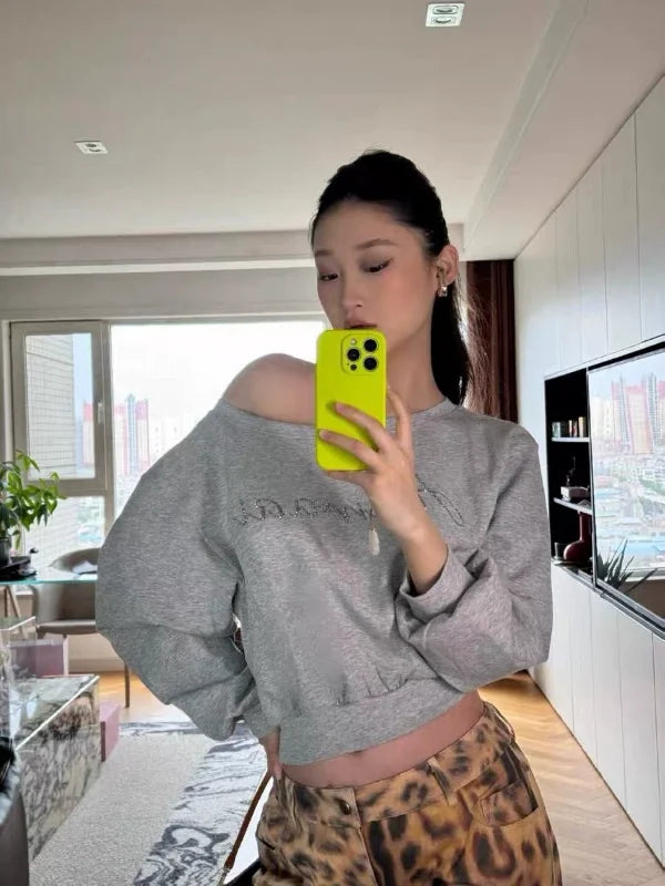 Women Hoodies Autumn Streetwear Off Shoulder Seductive Cropped All-match Sweatshirts Baggy Fashion Print Design Aesthetic Casual