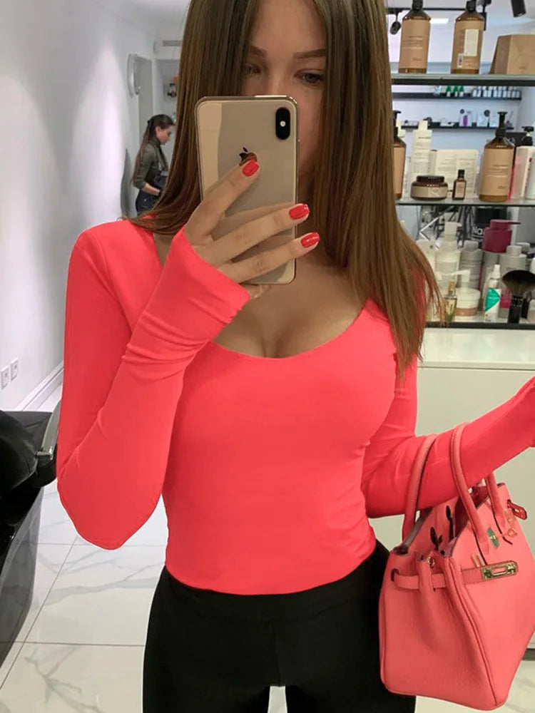 Orange Neon Bodysuit Women Long Sleeve Bodycon Sexy 2025 Autumn Winter Streetwear Club Party Outfits Casual Female Clothing