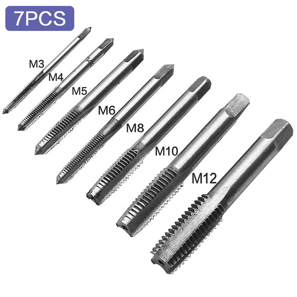 STONEGO 5PCS/7PCS Bearing Steel Taper Hand Spiral Point Straight Fluted Screw Thread Hand Tap Drill M3/M4/M5/M6/M8/M10/M12