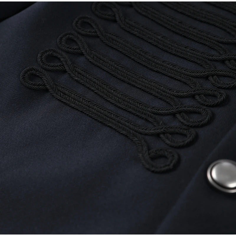 Women's Napoleon Style Black Cropped Jacket Coat Long Sleeve Tops Braided Button Trim Vintage Slim Fit Fashion Lady Outerwear