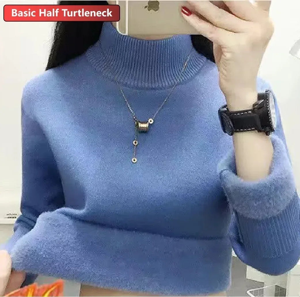 Winter Warm Sweater Pullover Women Slim Thicken Plush Velvet Lined Knitwear Jumper Korean Half Turtleneck Poleras Soft Knit Tops