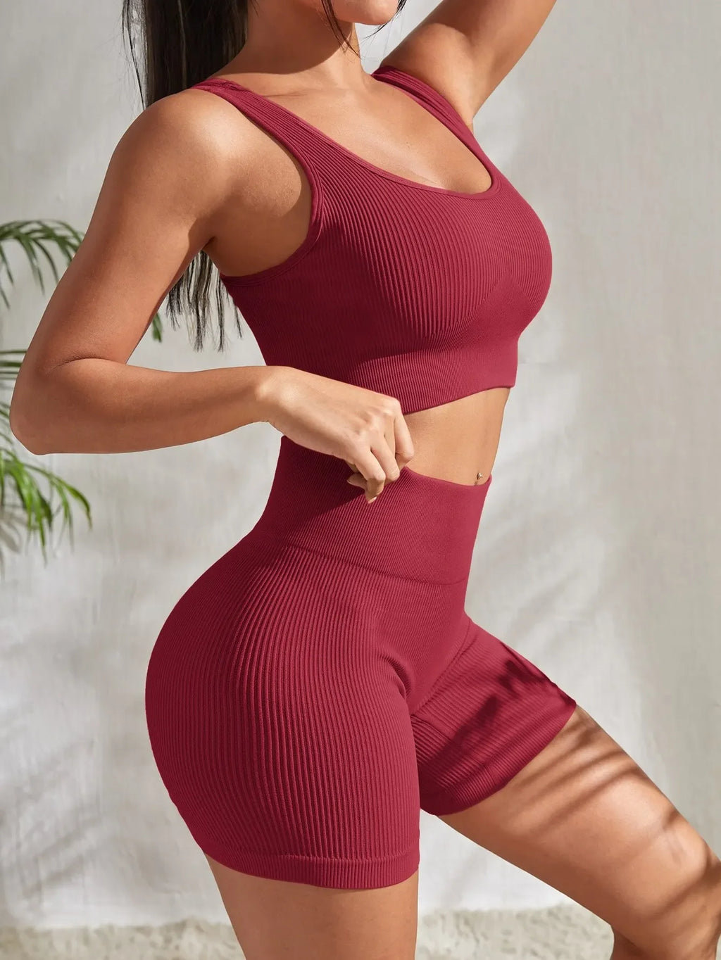 Seamless Ribbed Fitness Set for Women Solid Color Knit 2 Piece Workout Outfit Crop Tank High Waist Shorts Yoga Running