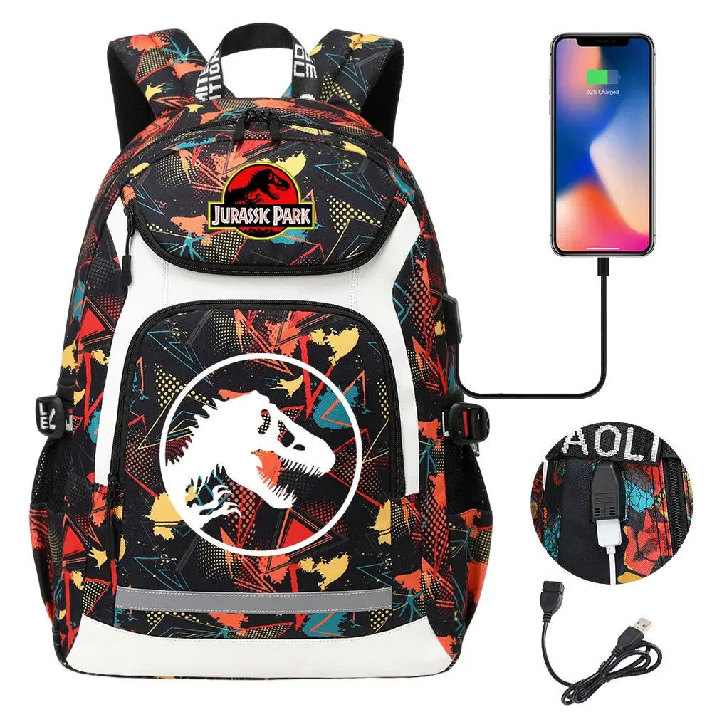 Jurassic World Park Dinosaur Girls Boys Kids School Book Bags USB Teenagers Schoolbags Women Men Laptop Travel Backpack