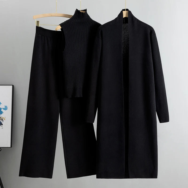 2026 Winter And Autumn Fashionable Elegant Women's Knitted 3-Piece Set cardigan Women's Sweater Women's Wide Leg Pants