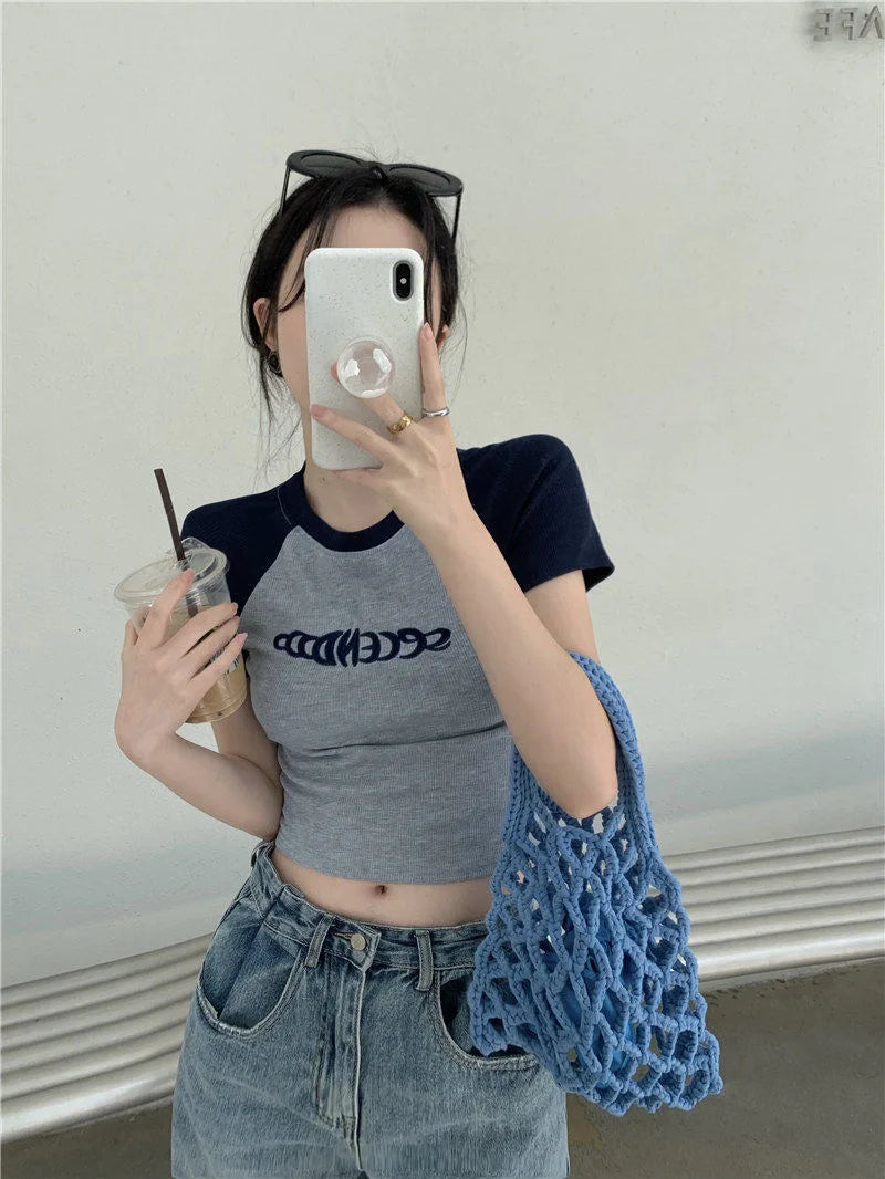 Y2K Women T Shirt Patchwork Letter Slim Fit Crop Tops Streetwear Casual Korean Fashion Short Sleeve Tshirts Bae Female Tees