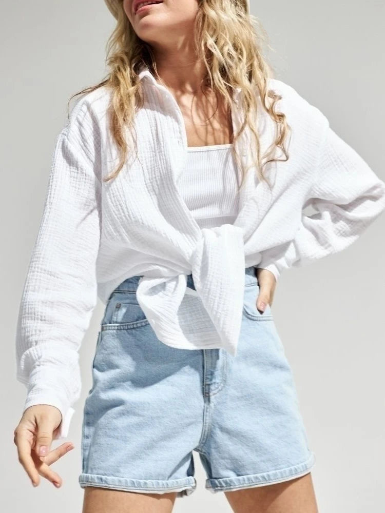 Bornladies 2025 Women's Spring Summer 100% Cotton Shirts Office Lady  Fashionable Solid Lady Long Sleeve Loose Tops Crepe Shirts