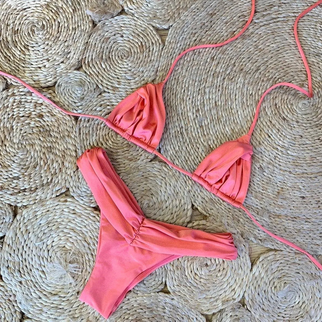 Bikini for Women Triangle Swimwear Bathing Suit Brazilian 2-Piece Folds Bikinis Set Solid Push Up Swimsuit New 2024
