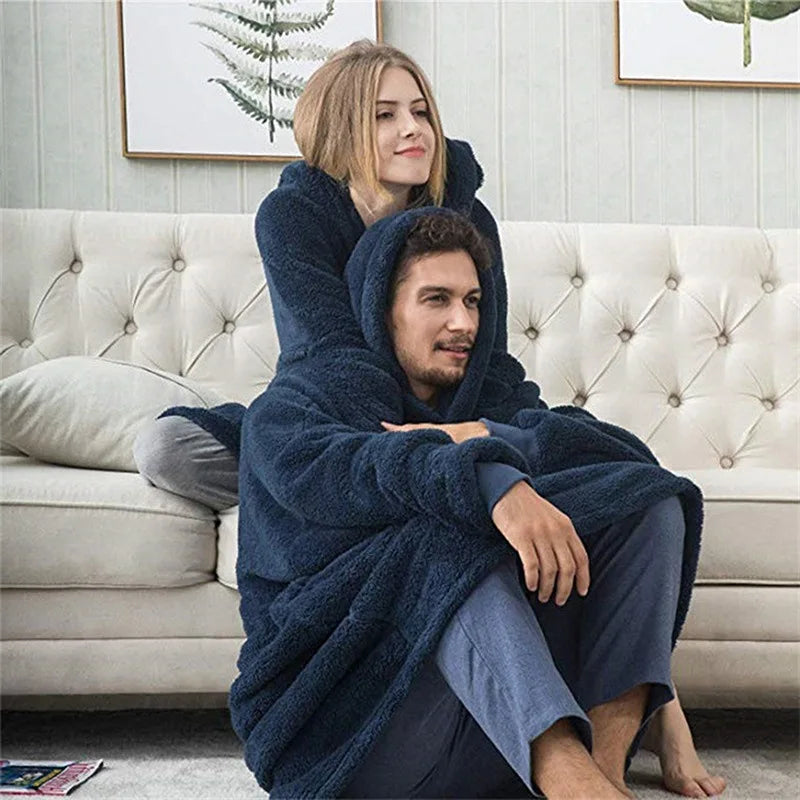 New Winter Women Double-faced Fleece Hoodie Blanket Oversize Large Pocket Warm Couple Loose Sweatshirts Women And Men Robe