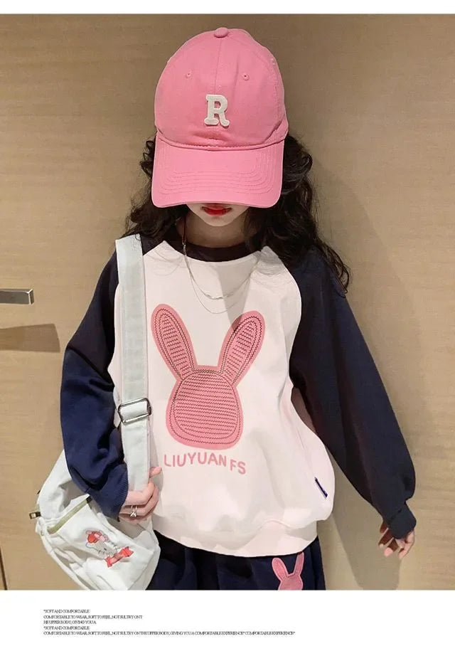 3-13 Years Spring Autumn Girls Clothing Set Cartoon Rabbit Pattern Full Sleeve Top +Pants 2Pcs For Kids