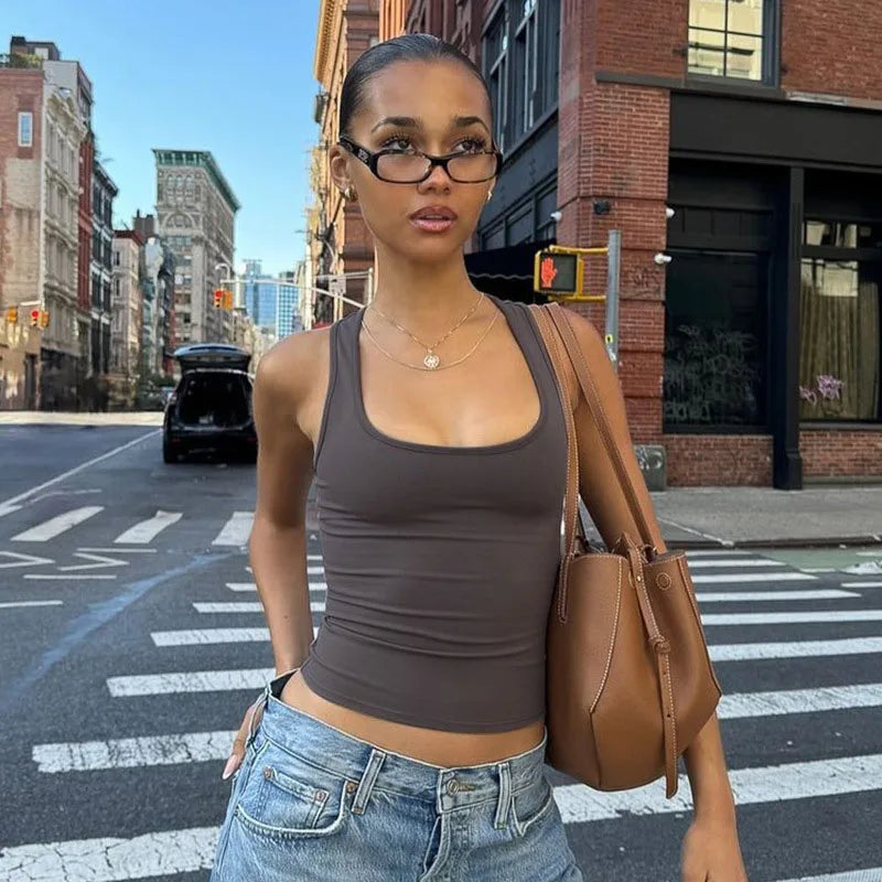 Square Collar Sleeveless Bodycon Crop tank Top Women’S Solid Sexy Elegant Y2K Top Party Clubwear Summer Outfit Wholesale