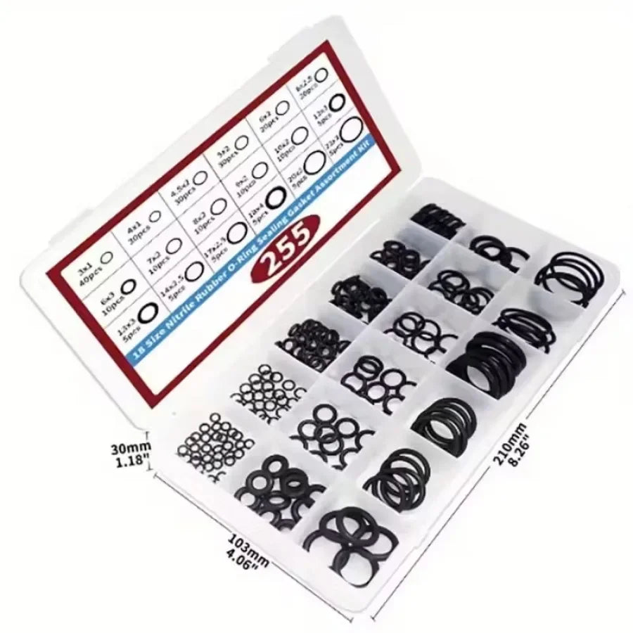 255pcs Rubber O Rings Kit, 18 Size Metric NBR Washer Gasket Sealing Assortment Kit, for Plumbing Faucet, Automotive, Air Or Gas