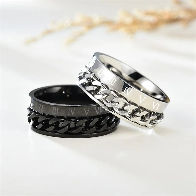 Titanium Steel Rotatable Chain Fidget Spinner Mens Rings Multifunction Anti Stress Knuckle Ring Accessories Anillo Hombres