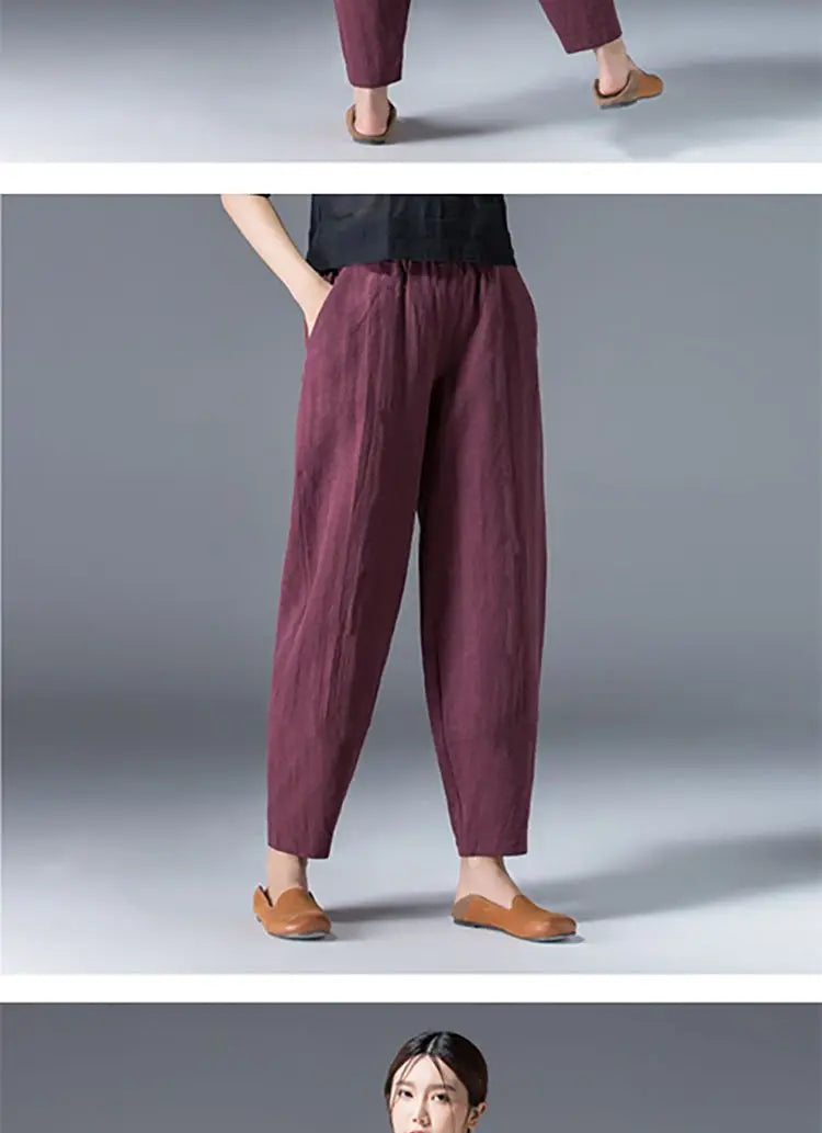 Cotton Wide Leg Pants Female Loose Oversized Solid Color Harem Summer Casual Elastic Waist Ankle-length Pants Women Clothing