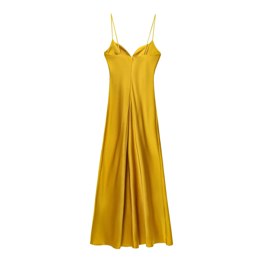 HH 2025 Women Red V-Neck Holiday Style Satin Texture Long Dress Sleeveless Summer Women's Back Zipper Fashion Sling Dresses