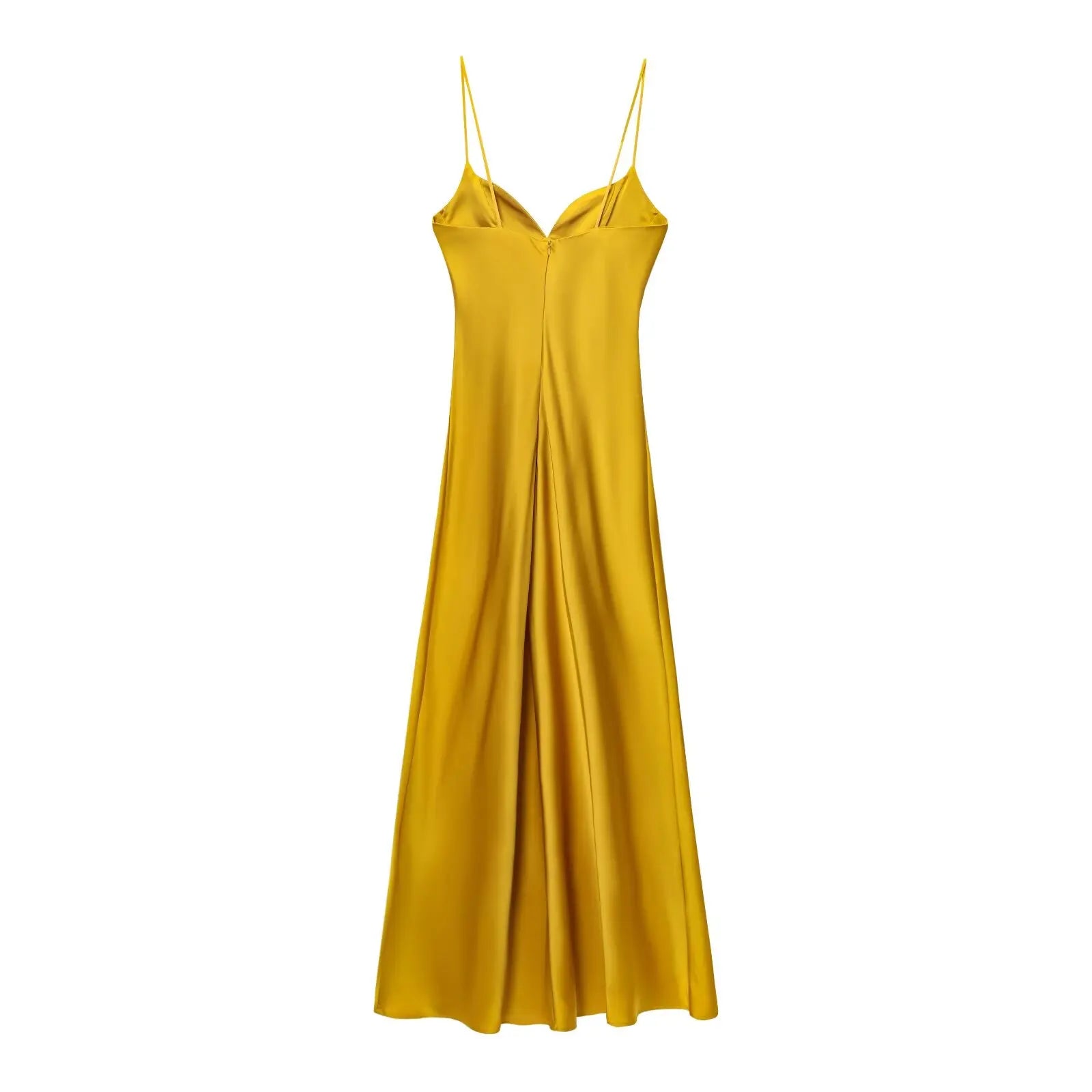 HH 2025 Women Red V-Neck Holiday Style Satin Texture Long Dress Sleeveless Summer Women's Back Zipper Fashion Sling Dresses