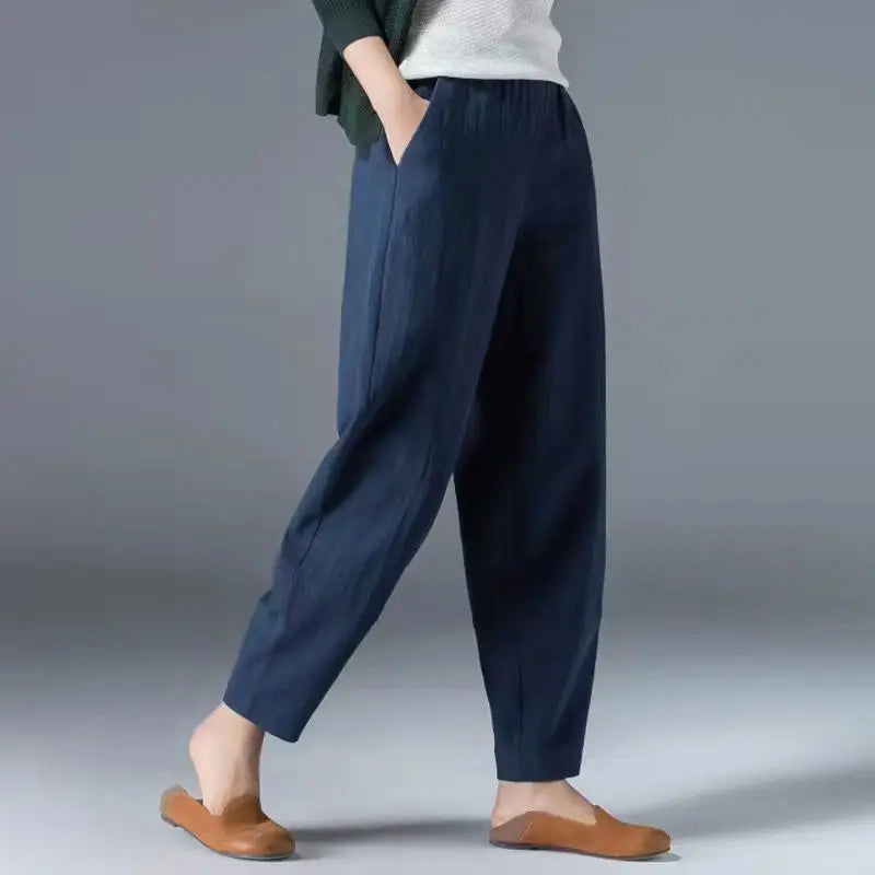 Cotton Wide Leg Pants Female Loose Oversized Solid Color Harem Summer Casual Elastic Waist Ankle-length Pants Women Clothing