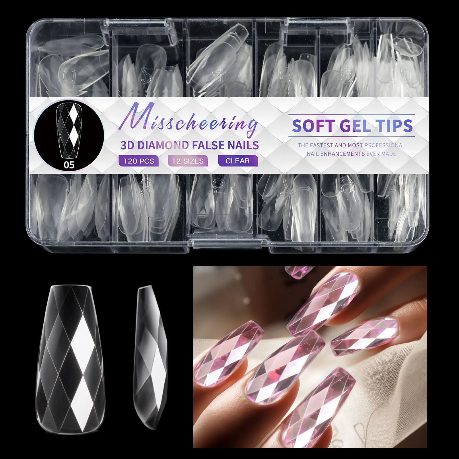 120/140Pcs 3D Diamond Almond Ballet Coffin False Nails Clear Press On Nails For Acrylic Gel Reusable Fake Tips DIY Nail Supplies
