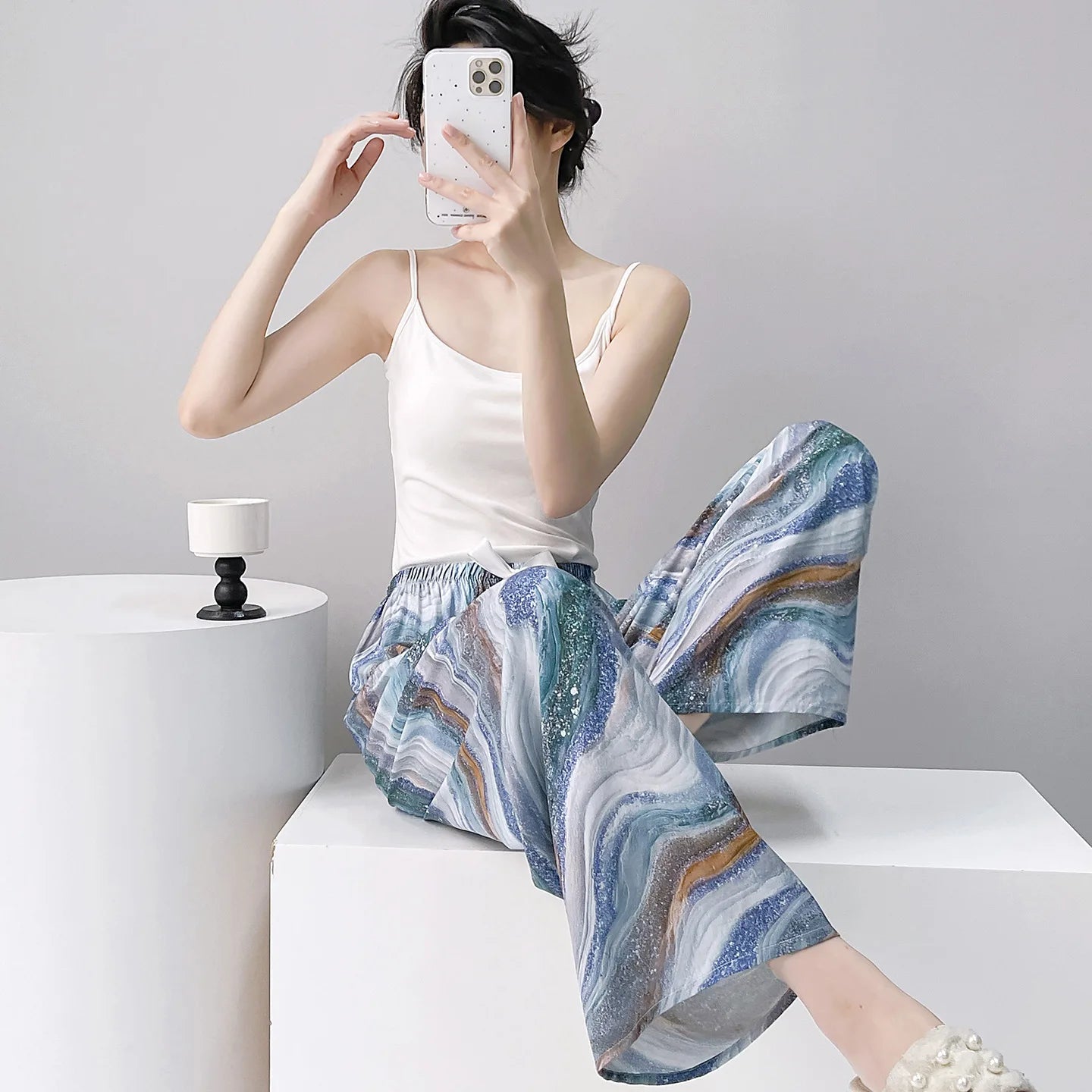 Women Casual Autumn Wide Leg Pants Floral Beach Trousers High Waist Boho Ethnic Style Calf Pants Four Season Girls Home Clothes