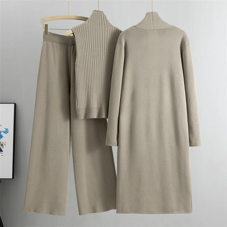 2026 Winter And Autumn Fashionable Elegant Women's Knitted 3-Piece Set cardigan Women's Sweater Women's Wide Leg Pants