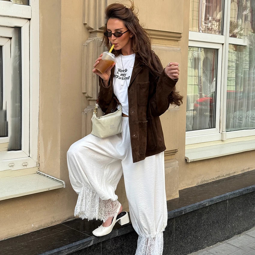 Linad Vintage Loose Lace Pencil Pants For Women White Elegant Elastic Waist Trousers Street Chic Ankle Length Pants 2025 Summer