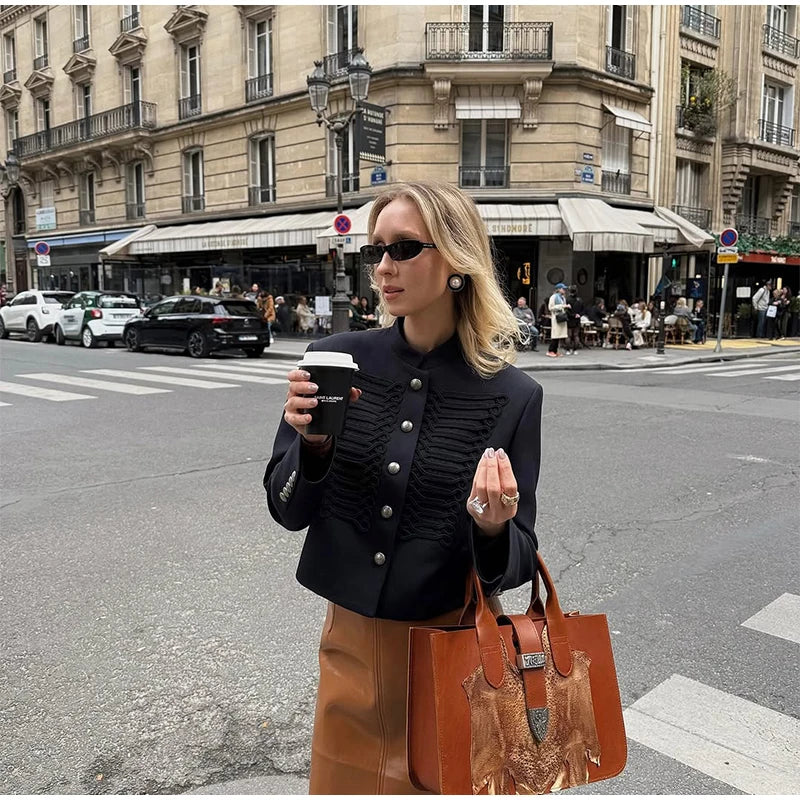 Women's Napoleon Style Black Cropped Jacket Coat Long Sleeve Tops Braided Button Trim Vintage Slim Fit Fashion Lady Outerwear