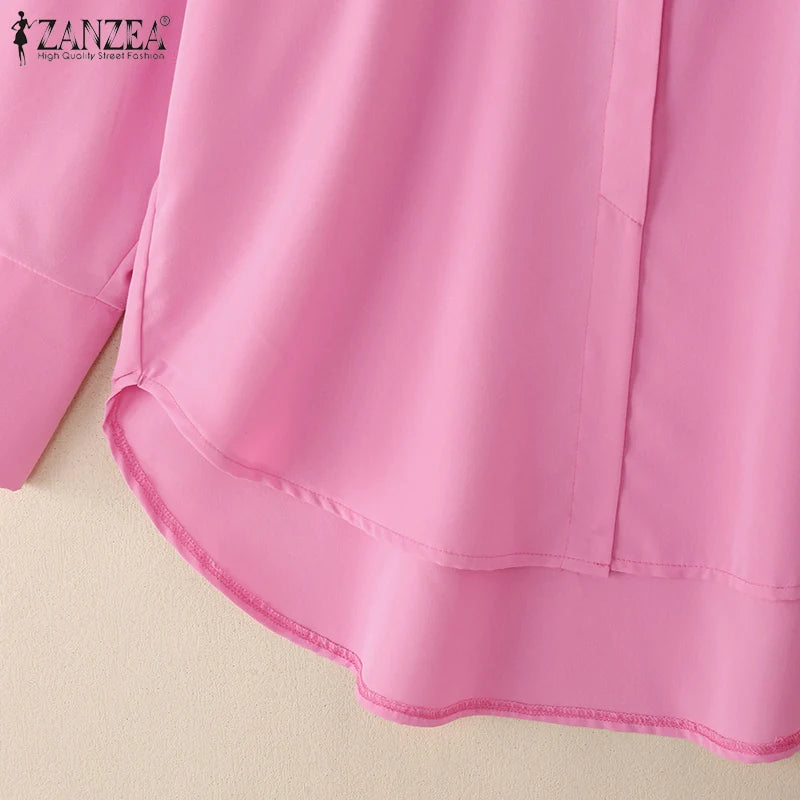 ZANZEA Oversized Women's White Shirts Turn-Down Collar Long Sleeve Button Up High-Low Solid Color Tops 2025 Autumn Streetwear