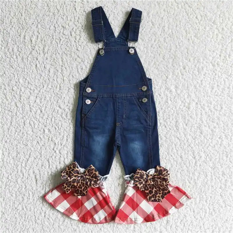 Wholesale Baby Girls Fall Winter Denim Blue Overalls Bell Bottom Kid Children Toddler Flared Button Double Lace Pants Jeans