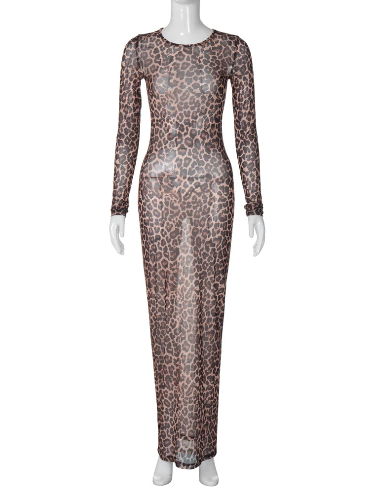 Hugcitar Leopard Print Mesh Long Sleeve Sexy Slim  See Through Maxi Dress Fall Women Fashion Outfits Beach Vacation Club